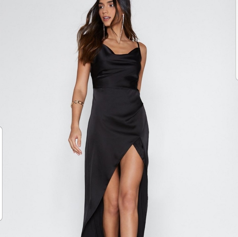 Cowl-neck Front Split Black Satin Dress NWT
